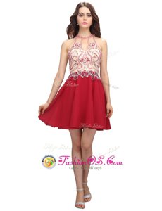 Red Sleeveless Mini Length Beading Backless Evening Dress