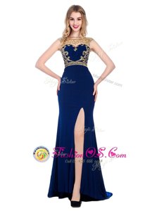 Beading and Appliques Evening Dress Navy Blue Zipper Sleeveless With Train Sweep Train