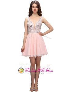 Gorgeous Knee Length Baby Pink Prom Dresses Chiffon Sleeveless Beading