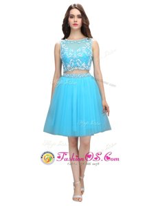 Flare Baby Blue Backless Scoop Appliques Prom Dress Tulle Sleeveless