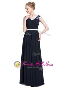 Fantastic V-neck Sleeveless Prom Dresses Floor Length Beading Navy Blue Chiffon