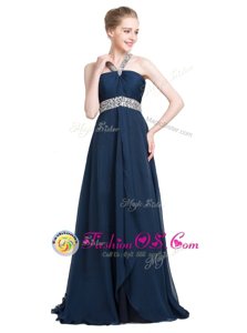 Flare Blue Sleeveless Chiffon Backless Prom Dresses for Prom and Party