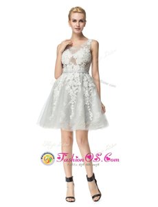 Elegant Knee Length Silver Prom Evening Gown Scoop Sleeveless Lace Up