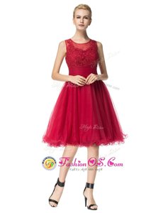 Spectacular Scoop Red A-line Lace Dress for Prom Zipper Organza Sleeveless Knee Length