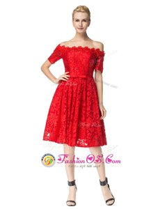 Sweet Off the Shoulder Red Sleeveless Lace Zipper Dress for Prom for Prom and Party