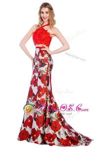 Fantastic Halter Top Multi-color Mermaid Lace and Pattern Prom Evening Gown Zipper Printed Sleeveless With Train