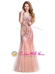 Gorgeous Mermaid Peach Lace Up Homecoming Dress Beading Sleeveless Floor Length