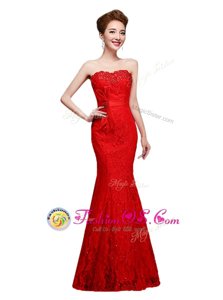 Mermaid Red Strapless Neckline Lace Evening Party Dresses Sleeveless Lace Up