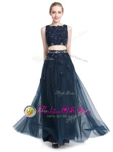 Cute Scoop Floor Length Empire Sleeveless Navy Blue Prom Evening Gown Zipper