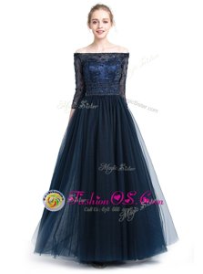Off the Shoulder Floor Length Zipper Mother Of The Bride Dress Navy Blue and In for Prom and Party with Beading and Appliques