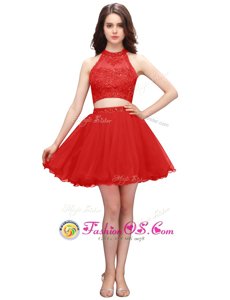 Dramatic Beading Prom Evening Gown Coral Red Zipper Sleeveless Mini Length