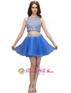 Mini Length Zipper Prom Gown Blue and In for Prom and Party with Beading