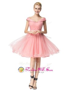 Ideal Knee Length Pink Prom Evening Gown Off The Shoulder Cap Sleeves Zipper