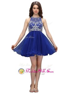 Modest Organza High-neck Sleeveless Zipper Beading Dress for Prom in Royal Blue