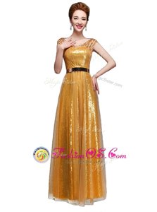 Excellent Scoop Gold Empire Beading and Sequins and Belt Dress for Prom Zipper Sequined Cap Sleeves Floor Length