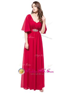 Half Sleeves Floor Length Beading Zipper Dress for Prom with Coral Red