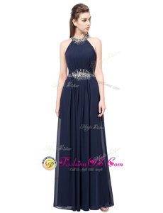 New Style Scoop Sleeveless Chiffon Floor Length Side Zipper Homecoming Dress in Navy Blue for with Beading