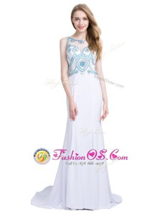 Custom Designed Scoop White Column/Sheath Beading Dress for Prom Zipper Chiffon Sleeveless With Train