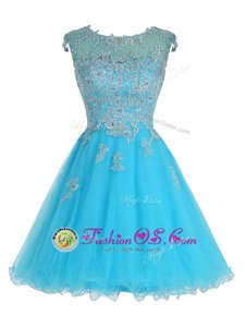 Baby Blue A-line Organza Scoop Sleeveless Beading and Appliques Mini Length Zipper Prom Gown