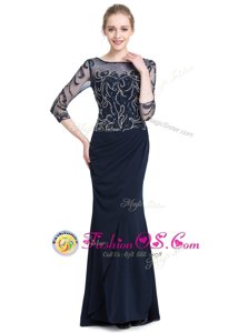 Wonderful Navy Blue 3|4 Length Sleeve Chiffon Zipper Mother Of The Bride Dress for Prom and Party