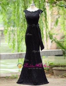 Glamorous Mermaid Scoop Floor Length Zipper Prom Evening Gown Black and In for Prom and Party with Lace