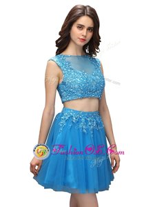 Elegant Mini Length Baby Blue Prom Party Dress Tulle Sleeveless Beading and Appliques