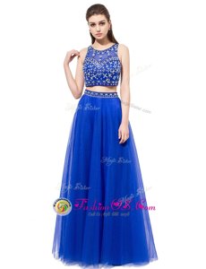 Super Scoop Royal Blue Two Pieces Beading Prom Gown Lace Up Tulle Sleeveless Floor Length
