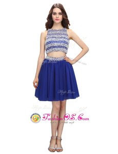 Scoop Sleeveless Knee Length Beading Backless Cocktail Dresses with Royal Blue