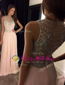 Scoop Sleeveless Chiffon With Brush Train Side Zipper in Pink for with Beading