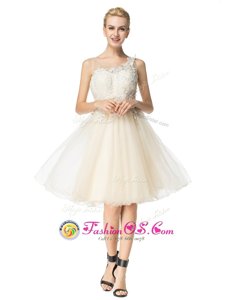 Scoop Champagne A-line Beading Cocktail Dresses Zipper Organza Sleeveless Knee Length