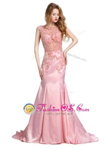 Vintage Mermaid Scoop With Train Backless Baby Pink and In for Prom and Party with Beading Brush Train