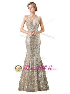 Lovely Mermaid Champagne Zipper Dress for Prom Sequins Sleeveless Floor Length