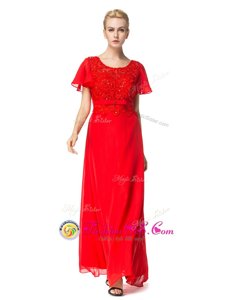 Exceptional Red Scoop Backless Beading and Appliques Prom Dress Short Sleeves