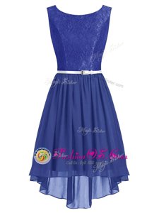Blue Homecoming Dress Prom and Party and For with Lace and Belt Scoop Sleeveless Side Zipper