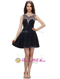 Romantic Bateau Sleeveless Dress for Prom Mini Length Beading Black Chiffon