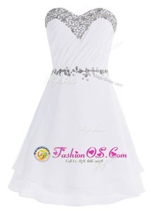 Popular White Empire Chiffon Sweetheart Sleeveless Beading Mini Length Zipper Evening Dress