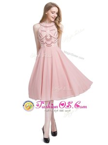 Scoop Sleeveless Chiffon Knee Length Zipper Prom Gown in Pink for with Beading