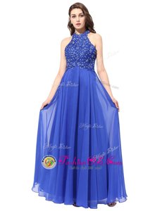 Floor Length Blue Evening Dress Halter Top Sleeveless Backless