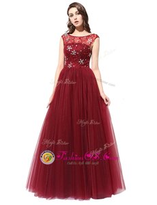Scoop Burgundy Column/Sheath Beading Celebrity Prom Dress Zipper Tulle Sleeveless Floor Length
