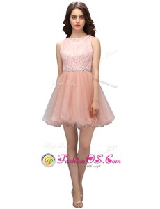 Captivating Scoop Sleeveless Mini Length Beading and Lace Zipper Prom Dress with Pink