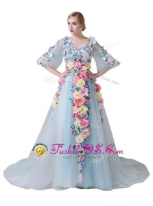 Light Blue Tulle Zipper Evening Dress Half Sleeves With Train Court Train Hand Made Flower