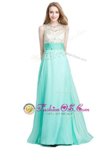 Scoop Sleeveless Zipper Prom Dress Turquoise Chiffon