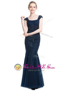 Fashionable Mermaid Floor Length Zipper Prom Dresses Navy Blue and In for Prom and Party with Beading