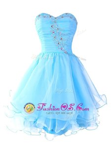 Shining Ruffled A-line Prom Gown Aqua Blue Sweetheart Organza Sleeveless Mini Length Lace Up