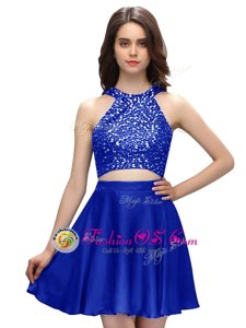 Latest Scoop Sleeveless Mini Length Beading Zipper Club Wear with Royal Blue