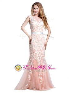Beautiful Scoop Cap Sleeves Brush Train Zipper Prom Evening Gown Pink Tulle