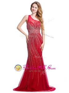 Customized One Shoulder Red Tulle Zipper Evening Dress Sleeveless With Brush Train Beading