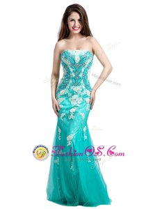 Mermaid Sleeveless Floor Length Beading and Appliques Zipper Prom Evening Gown with Turquoise