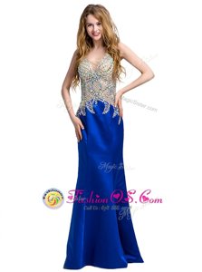 Stylish Royal Blue Backless Homecoming Dress Beading Sleeveless Floor Length