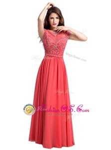 Admirable Scoop Beading Formal Evening Gowns Watermelon Red Zipper Cap Sleeves Floor Length